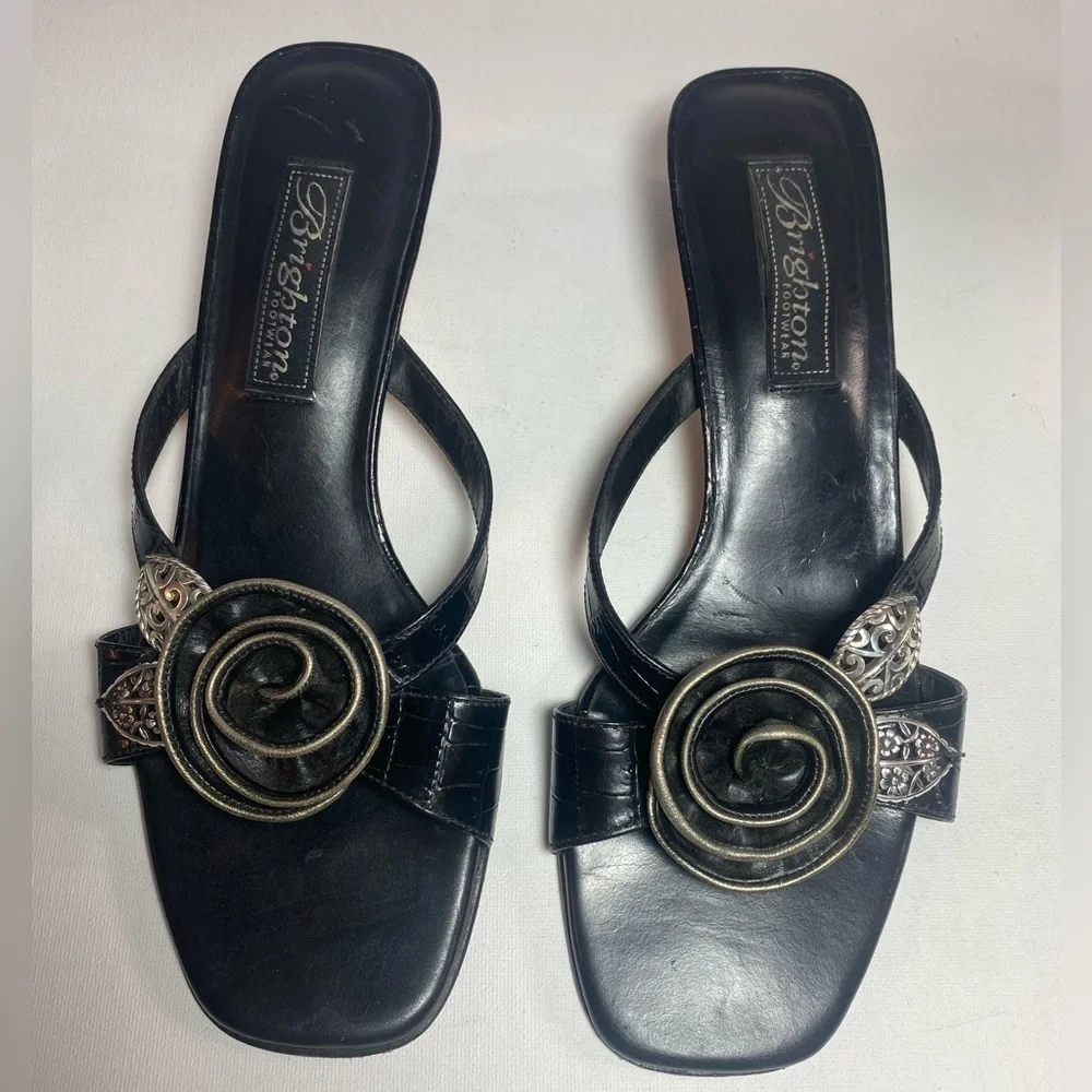 Brighton Kassie 6.5 Black Heeled Sandals with Silver Accents